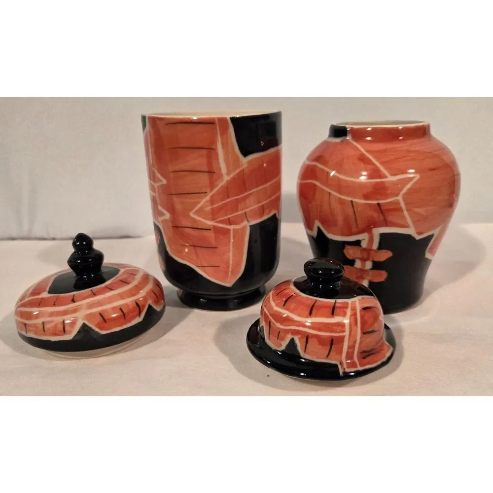 Vintage Hand Painted Art Deco Style Ceramic Ginger Jars Black & Coral Pair